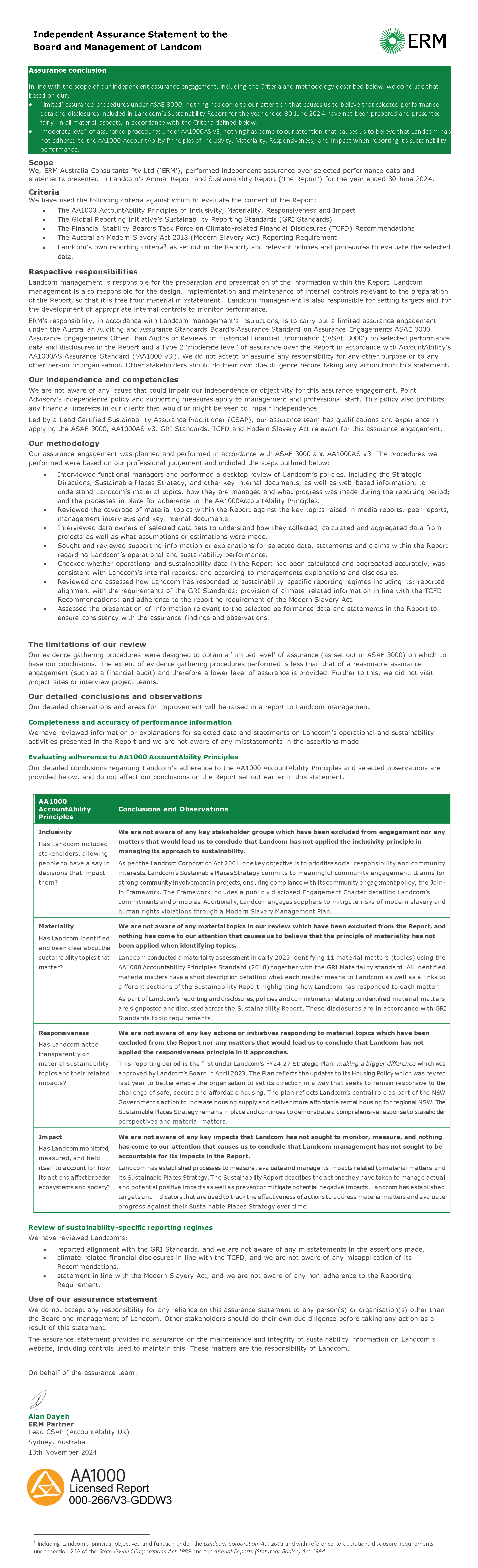 Landcom 2024 SR Assurance Statement